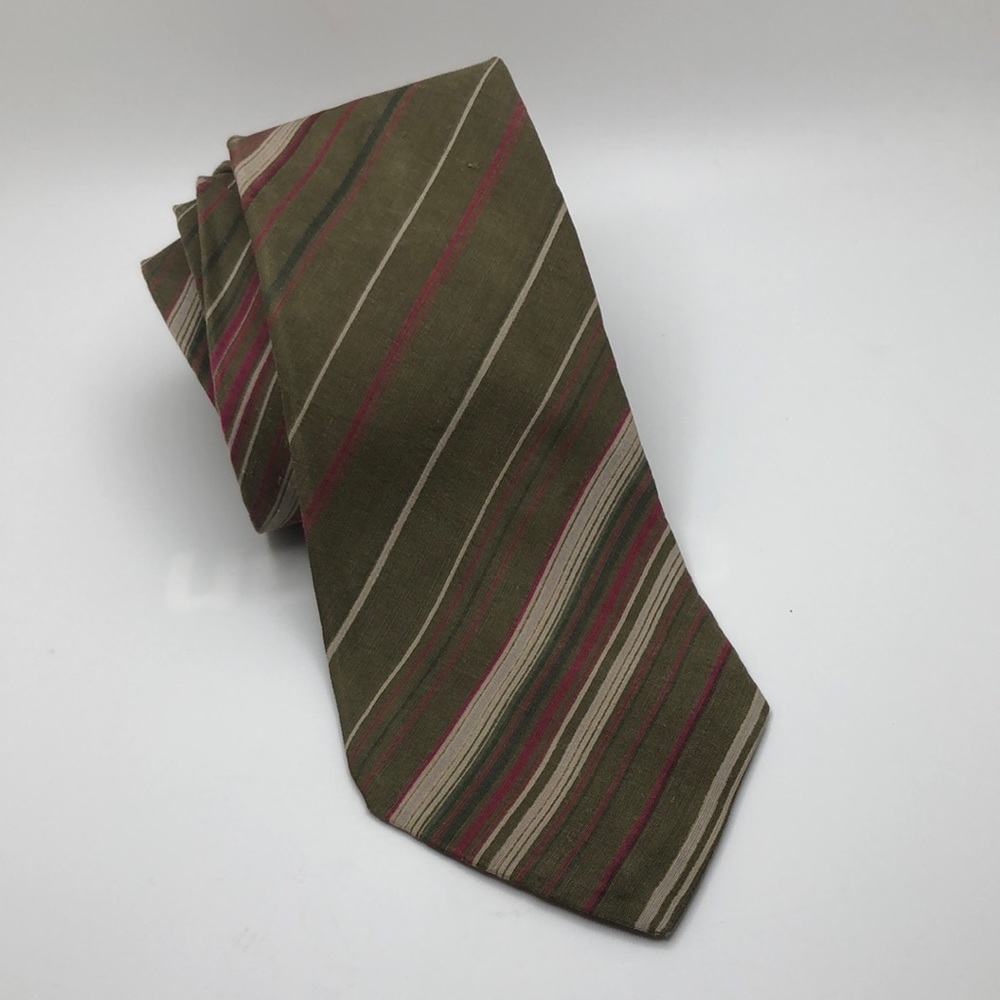 Pancaldi for MORRY’S 100% Silk Slim Tie Diagonal Stripes Pattern Olive. Italy